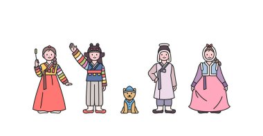 Joseon, eski bir Kore ülkesi. Basit Hanbok giyen çocuklar ve kış şapkası giyen çocuklar. Ve köpek yavrusu. özet basit vektör illüstrasyonu.