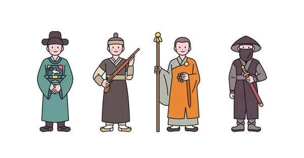 一个古老的朝鲜民族 办事员 和尚和刺客的角色 概述简单的矢量说明 — 图库矢量图片