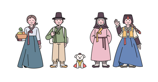 Joseon, an old Korean nation. A man and a woman wearing basic hanbok, a man and a woman wearing winter hanbok, and a dog. outline simple vector illustration.