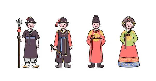 一个古老的朝鲜民族 警察局长 国王和王后服装中的人物 概述简单的矢量说明 — 图库矢量图片
