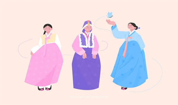 朝鮮王朝の衣装 女性の韓服の様々なスタイル 手描きベクトルイラスト — ストックベクタ