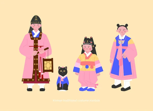 朝鲜王朝的服装 可爱的孩子们戴着各种各样的手帕 手绘矢量图解 — 图库矢量图片