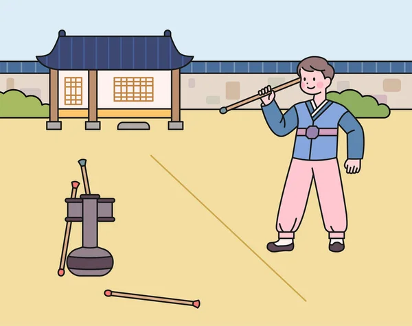 一个戴着手帕的男孩在玩扔箭游戏 韩国传统游戏 — 图库矢量图片