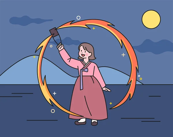 Девушка Играет Традиционную Корейскую Игру Превращения Банки Огнем Ней — стоковый вектор