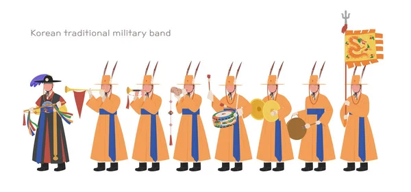 Koreaanse Traditionele Militaire Band Soldaten Traditionele Kostuums Bespelen Traditionele Muziekinstrumenten — Stockvector