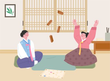 Kore geleneksel oyunu. Hanbok giyen iki erkek ve kadın odalarında Yutnori oynuyorlar. düz vektör illüstrasyonu.