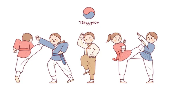 Artes Marciais Tradicionais Coreanas Personagens Bonitos Praticando Taekkyeon — Vetor de Stock