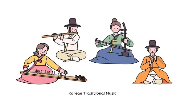 Música Tradicional Coreana Músicos Tocando Vários Instrumentos —  Vetores de Stock