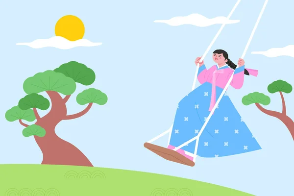 Seorang Gadis Mengenakan Hanbok Berdiri Ayunan Latar Belakang Dengan Pohon - Stok Vektor
