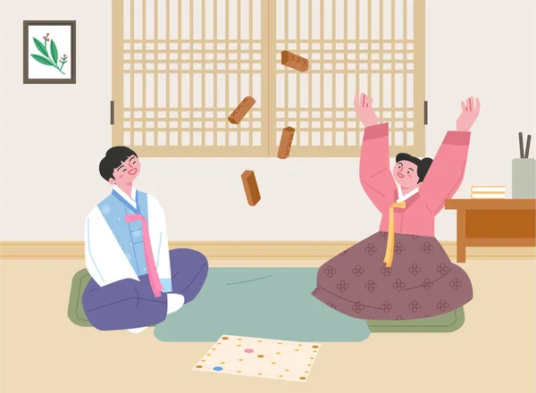 韩国传统游戏 两个戴着手帕的男人和女人在房间里玩Yutnori游戏 平面矢量插画 — 图库矢量图片