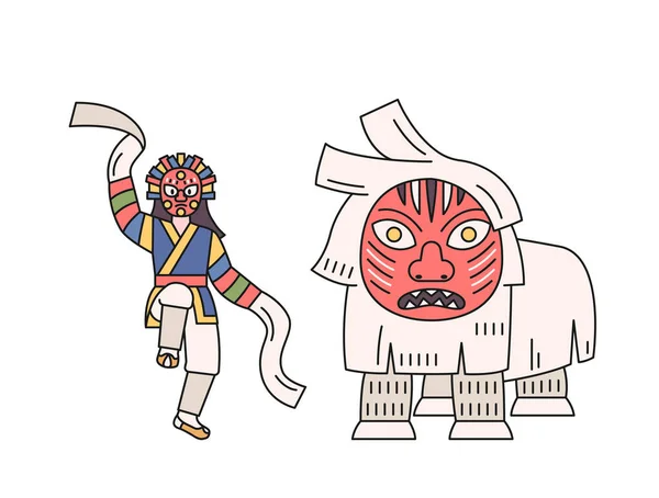 韓国の伝統的な仮面舞踊 長い布をはきながら踊る人と大きな獅子の面をつけて踊る人 — ストックベクタ