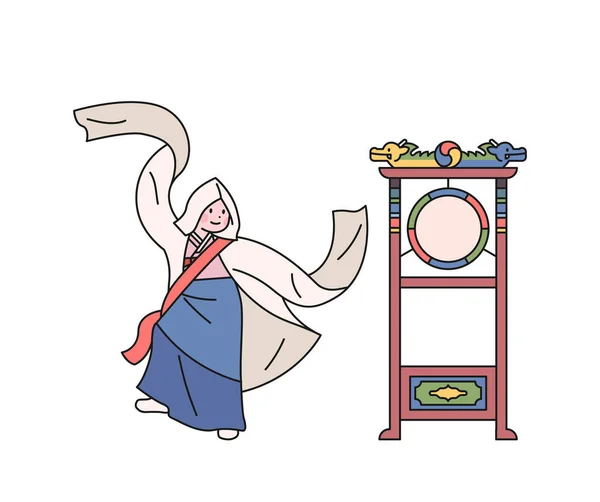 Tari Tradisional Korea Seungmu Seorang Wanita Melakukan Tarian Ritual Buddha - Stok Vektor