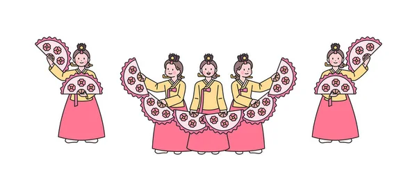 Dança Tradicional Coreana Dançarinos Vestindo Hanbok Realizar Uma Bela Dança —  Vetores de Stock