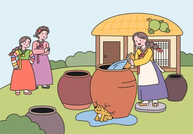 Kongjwi ve Patjwi geleneksel peri masalı. İyi bir kız kırık bir kavanoza su döküyor. Kötü annesi olan kız onu izliyor..