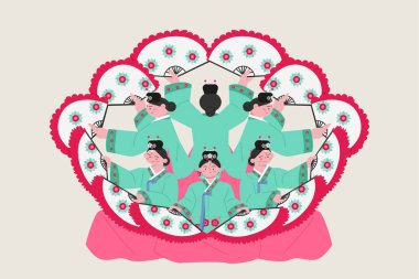 Geleneksel Kore dansı. Hanbok giyen kadınlar hayranlarıyla dans ediyorlar..