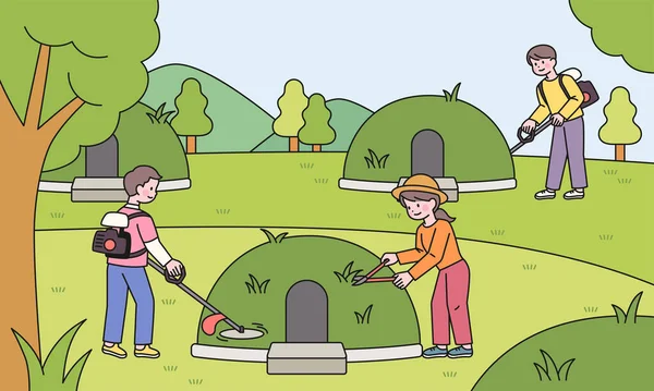 Cimitero Natura Famiglia Lutto Sta Potando Erba Sulla Tomba — Vettoriale Stock