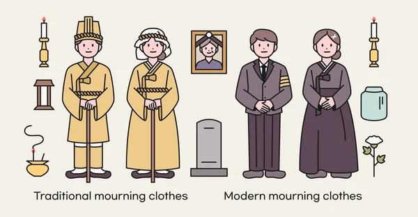 丧亲的人举行葬礼的丧亲之痛韩国传统麻布和现代服装 它是用丧葬物品制成的 — 图库矢量图片
