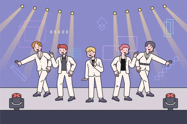 Хлопчик Група Ідол Виступає Вишуканій Сцені Вони Танцюють Співають Сцені — стоковий вектор
