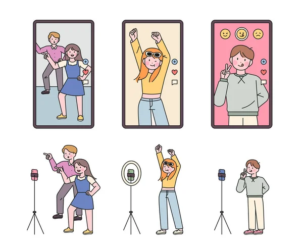 Люди Роблять Танцювальні Відеозаписи Соціальних Мережах Потокове Відео Людьми Які — стоковий вектор