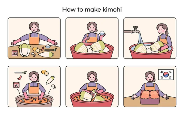 Koreaanse Traditionele Gerechten Het Recept Voor Kimchi Maken Een Vrouw — Stockvector