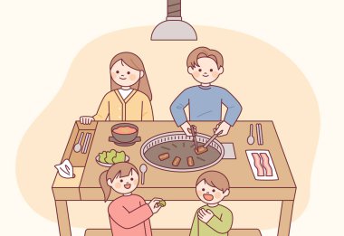 Kore Samgyeopsal Restoranı. Dört kişilik bir aile masada mutlu bir şekilde oturuyor. Masada makas ve kaşık çekmecesiyle kesilmiş eşsiz domuz eti kültürü. Düz vektör illus.