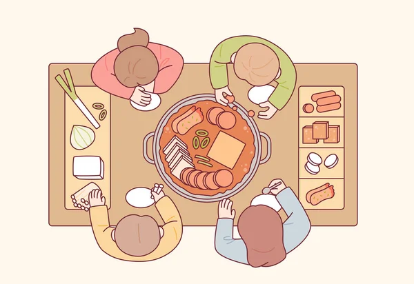 韓国のブデジェレストラン ソーセージ チーズ ラーメン 野菜など様々な素材で作られたシチュー 人々はテーブルの周りに座っている — ストックベクタ
