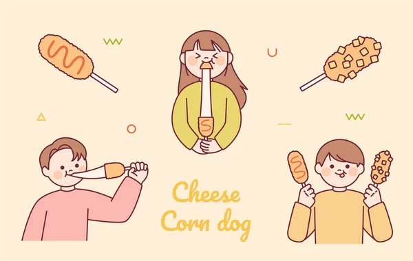 韓国のチーズホットドッグとポテトホットドッグ 人々は自分の手にトウモロコシの犬を保持し おいしく食べている — ストックベクタ