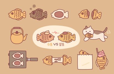 Korean winter street food fish bread. Kettle with dough. red bean paste. Cute cat.