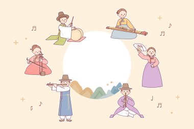 Korean traditional music performance. Musicians are playing traditional instruments. clipart