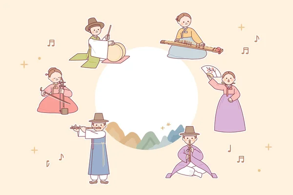 Корейское Традиционное Музыкальное Выступление Музыканты Играют Традиционных Инструментах — стоковый вектор