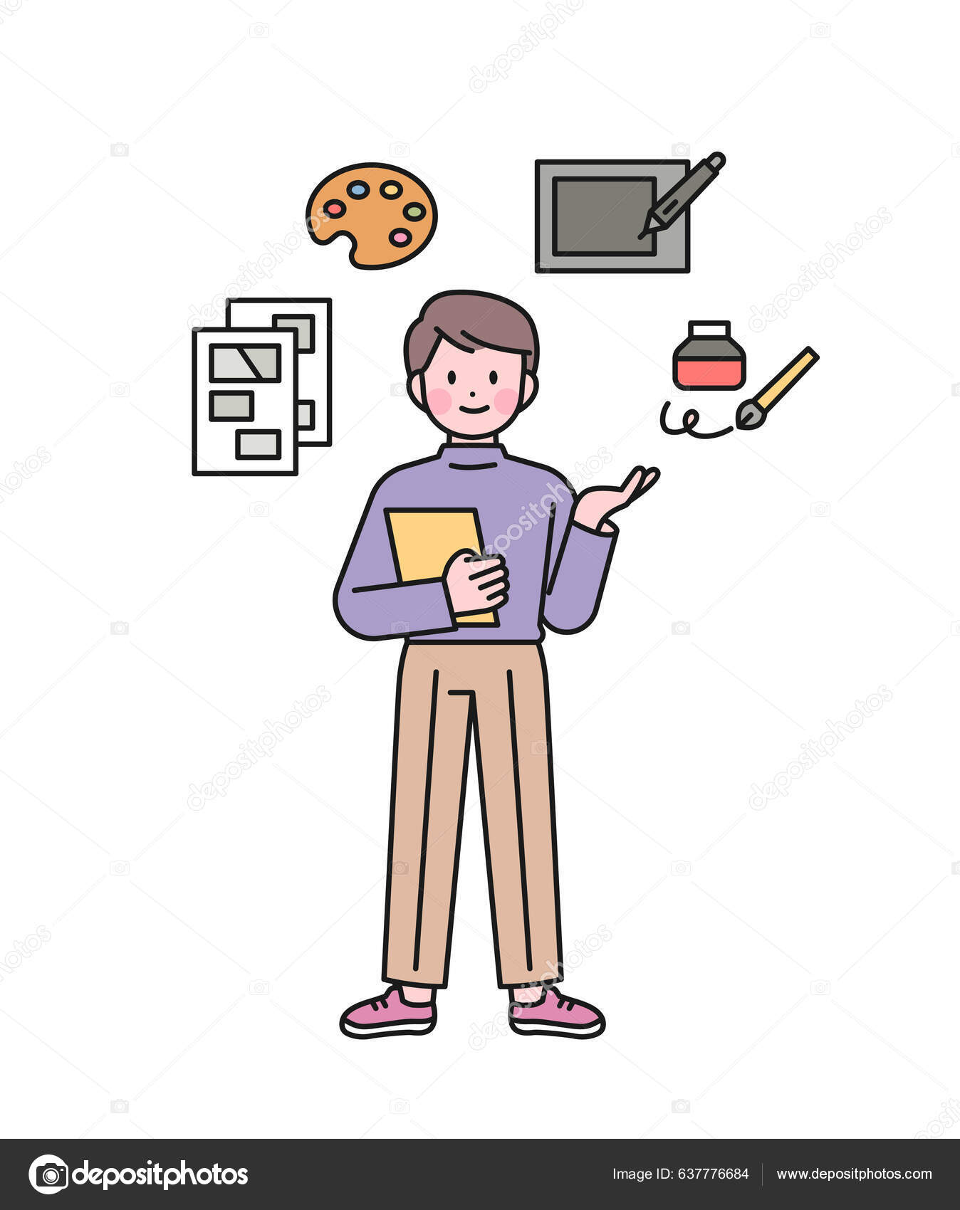 Cartoonist Standing Explaining Tools Drawing Cartoons Him Ilustración