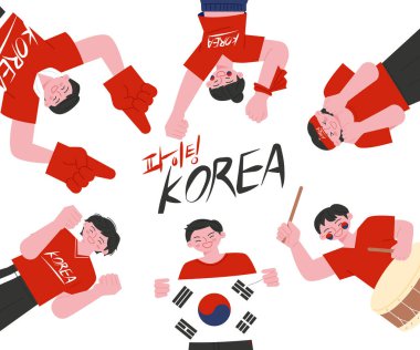 Soccer cheerleaders wearing red T-shirts are gathered in a circle. They are holding cheer tools and national flags.
