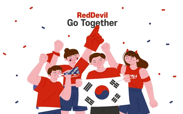 Korean Football Cheering Team Red Devils People Taegeukgi People Hands — Vector de stock