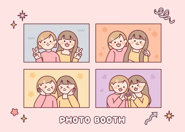Two Girls Taking Pictures Various Poses Photo Booth — 图库矢量图片