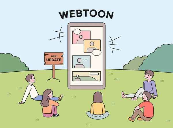 韓国人はモバイルデバイスでウェブトンを楽しんでいます 多くの人が大きなスマートフォンの周りに座っており 画面上に漫画のページがあります — ストックベクタ
