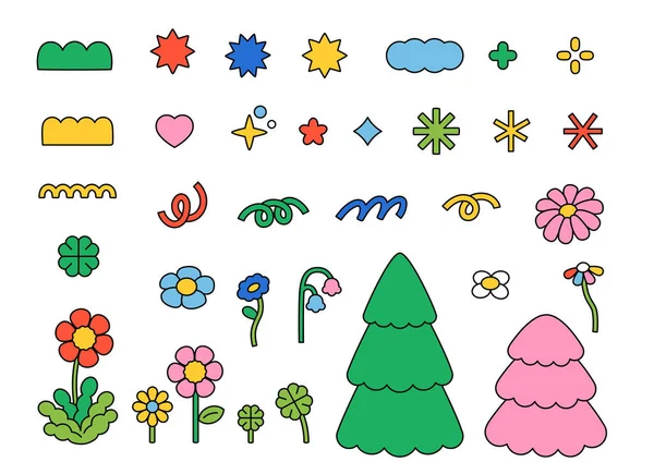 Cute Decoration Elements Trees Flowers Shapes Outline Simple Vector Illustration — Stockový vektor