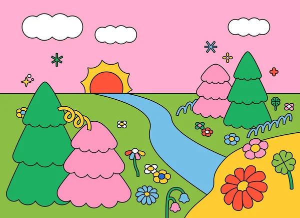 Cartoon Hintergrund Des Rosa Himmels Fantasielandschaft Mit Niedlichen Naturobjekten Skizzieren — Stockvektor