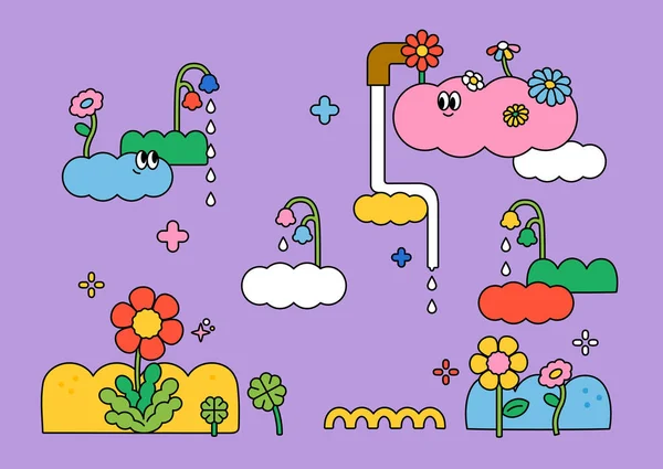 Abstract Cartoon Illustration Cute Clouds Flowers Raining Outline Simple Vector — Stockvector