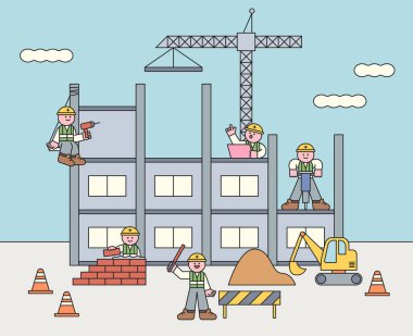 Cute characters are building. They are laying bricks and using a drill. A worker is holding a light stick and controlling it.