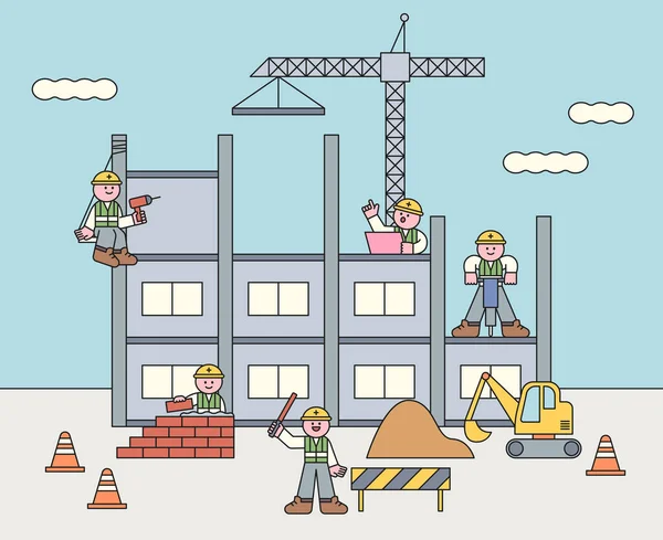 Cute Characters Building Laying Bricks Using Drill Worker Holding Light — Image vectorielle