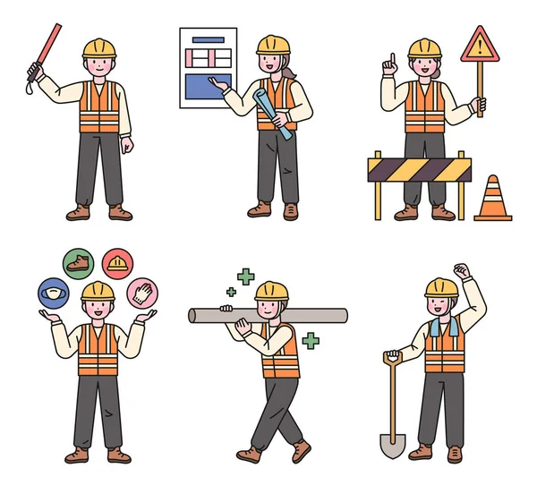 Construction Site Workers Explaining Safety Rules Working Equipment Icons Gestures — Stock vektor