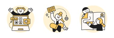 Education concept illustration. Cute students taking an online class or writing on a large sheet of paper.