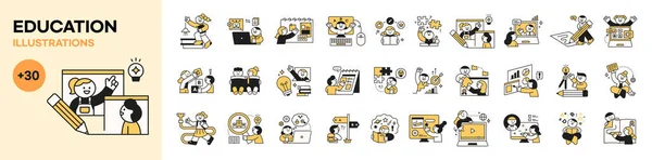 Education concept illustration. Cute students are studying and doing self-development. Simple design mega set with outline.
