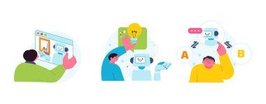 The Age of AI. Intelligence Meets Technology. Business concept illustration with people and icons. A person who gets help from robots with ideas and algorithms.