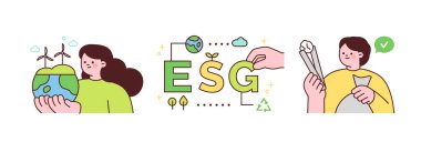 Çevre koruma faaliyetleri. Dünyayı temiz enerjiyle koruyan, ESG yönetimi yapan ve çöpleri toplayan insanlar..