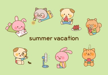 Sevimli hayvan karakterleri, çeşitli rahatlatıcı ve eğlenceli sahnelerde yaz tatilinin tadını çıkarıyorlar. Tatil ve çocuk temaları için mükemmel..