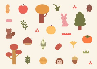 Sonbahar doğa elementleri vektör illüstrasyon seti. Bu koleksiyonda sincaplar, tavşanlar, kirpiler ve sonbahar hasadı meyveleri, fındıklar ve ağaçlar gibi hayvanlar da dahil olmak üzere çeşitli sonbahar mevsimi ikonları yer almaktadır..