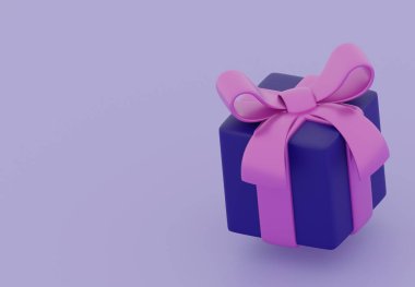 3D purple gift box with pink bows ribbon on empty space blank background illustration