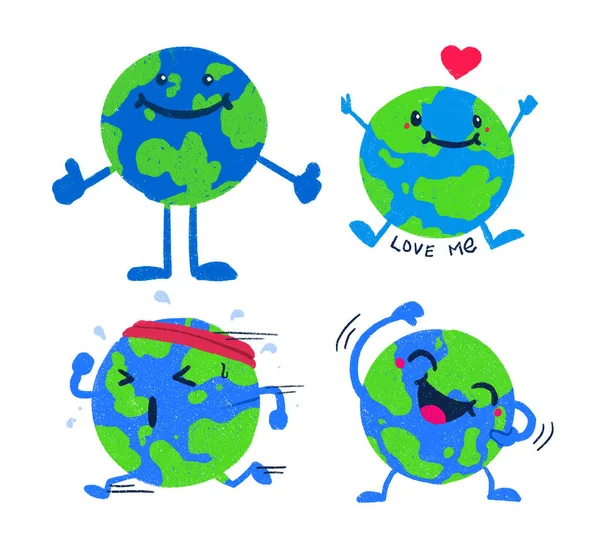 Collection set of cartoon earth with different expression. Cute planet exercise jogging and hugging postures drawing illustration