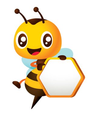 Cartoon cute smiling honey bee pointing finger on empty honeycomb shaped signboard vector character illustration